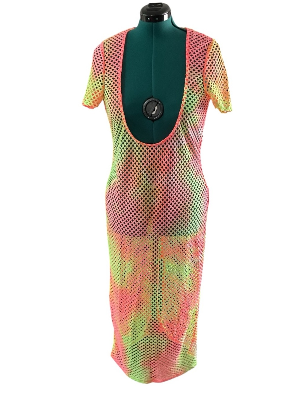 NWOT Neon Open-Knit Swim Cover-Up Dress in Pink & Green